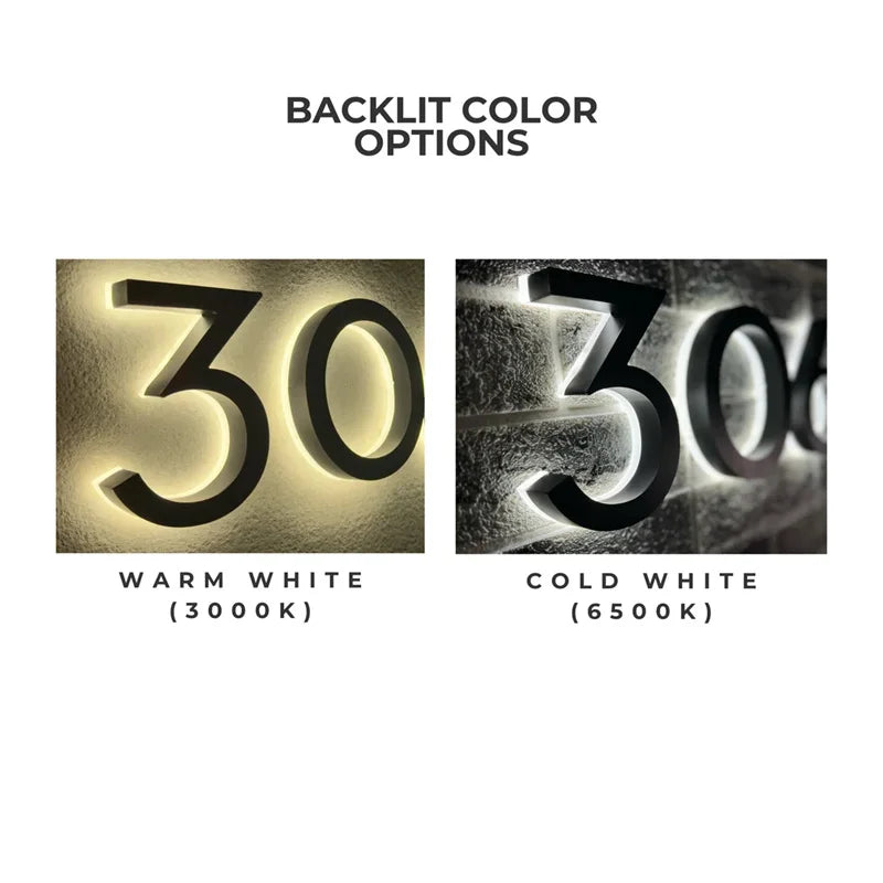 Custom Address Sign, House Number LED Sign, Address plaque Brushed Metal 3D Sign, LED Backlit Numbers Gold StainlessSteel Sign