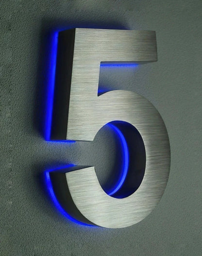 Custom Address Sign, House Number LED Sign, Address plaque Brushed Metal 3D Sign, LED Backlit Numbers Gold StainlessSteel Sign