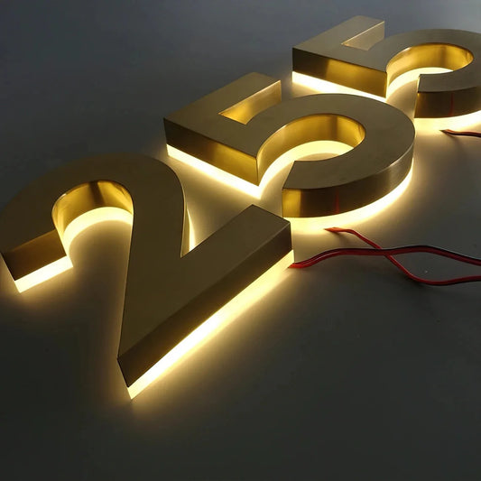 Custom Address Sign, House Number LED Sign, Address plaque Brushed Metal 3D Sign, LED Backlit Numbers Gold StainlessSteel Sign