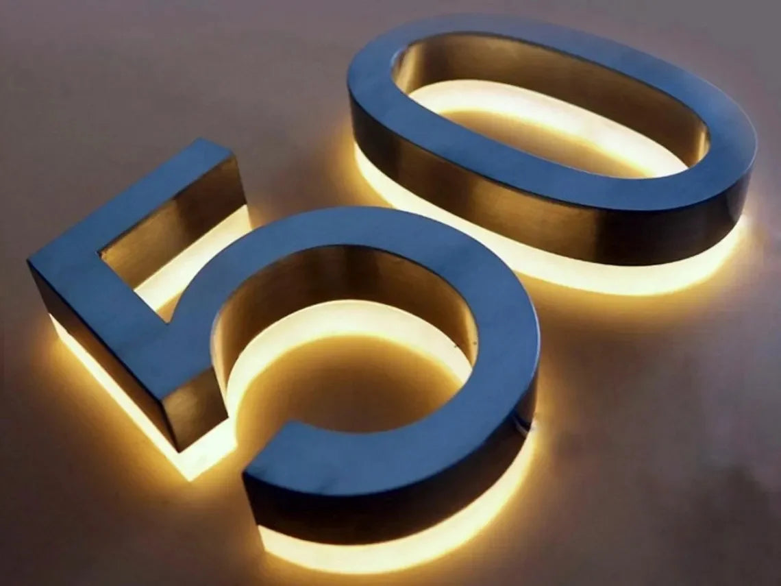 Custom Address Sign, House Number LED Sign, Address plaque Brushed Metal 3D Sign, LED Backlit Numbers Gold StainlessSteel Sign