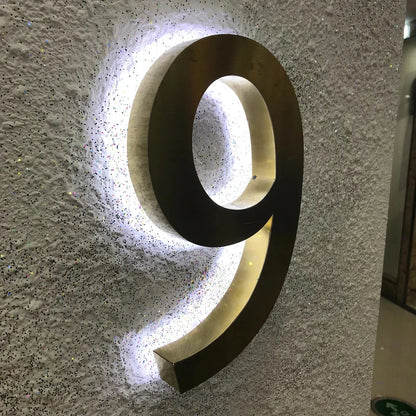 Custom Address Sign, House Number LED Sign, Address plaque Brushed Metal 3D Sign, LED Backlit Numbers Gold StainlessSteel Sign